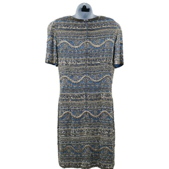 Heavy Vintage Gray Blue Silk Dress Hand Embellished in Silver Glass Beads | B. H - Picture 2 of 4